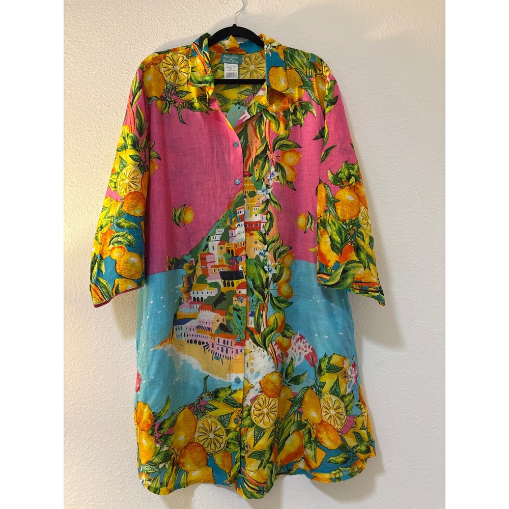 Antica Sartoria Giacomo Cinque Lemon Coastal Print Cotton Shirt Dress Large NWT